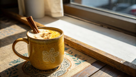 Coffee with cinnamon in a cup on a wooden table.の素材