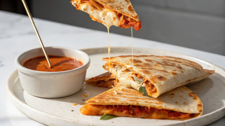 Mexican quesadilla with mozzarella cheese and tomato sauceの素材