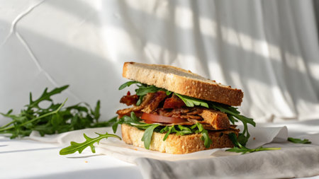 sandwich with bacon and arugula on a white tableclothの素材