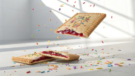 Cracker with jam and sprinkles flying in air on white backgroundの素材
