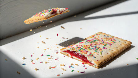 Cracker with jam and colorful sprinkles on a white background.の素材