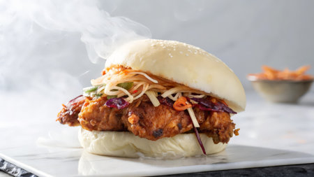 Thai style fried chicken with spicy papaya salad on white plateの素材