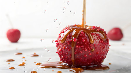 Delicious caramel apples with water drops on white table, closeupの素材