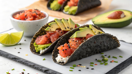 Tasty sushi rolls with salmon and avocado on white table, closeupの素材