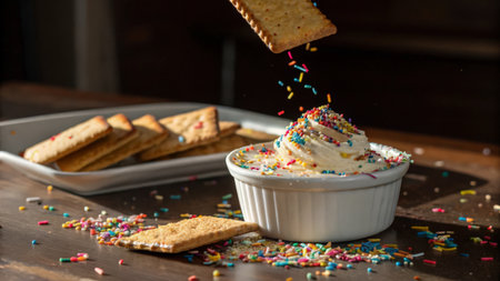 Sprinkles falling into a cup of whipped cream with crackersの素材