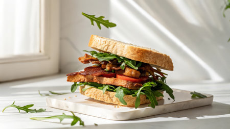 sandwich with bacon and arugula on a white wooden boardの素材