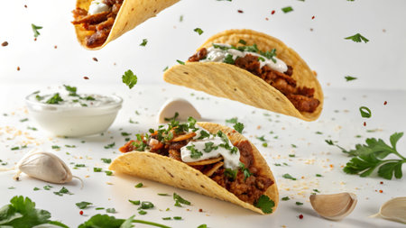 Tacos with meat, cheese and parsley on white backgroundの素材