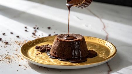 Chocolate panna cotta with chocolate sauce on a golden plateの素材