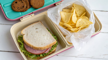 Lunch box with sandwich and chips on wooden table, top viewの素材