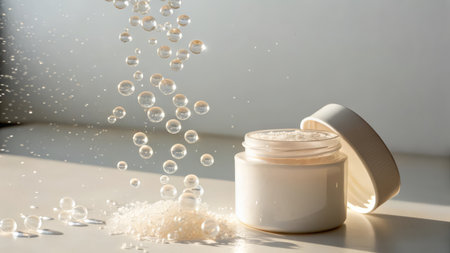 cosmetic cream in a jar on a white background with drops of waterの素材