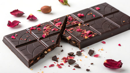 Dark chocolate with rose petals and nuts on a white background.の素材