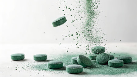 Green tablets on a white background. Green pills with green powder.の素材
