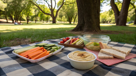 Picnic in the park with fresh vegetables, hummus and breadの素材
