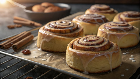 Baking tray with tasty cinnamon rolls on wooden table, closeupの素材