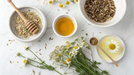 Flat lay composition with organic honey and chamomile flowers on white marble tableの素材
