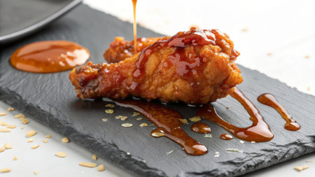 Fried chicken with sauce and sesame seeds on slate plate, closeupの素材