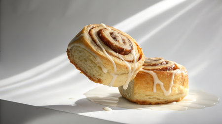 Cinnamon rolls on a white background with shadows from the window.の素材