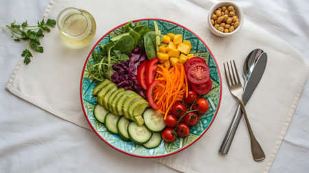 Healthy salad with avocado, tomato, cucumber, red onion, lettuce and chickpea on white beddingの素材
