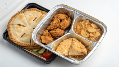 Healthy food in take away box on white background, top viewの素材