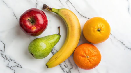 Fruit on a white marble background. Healthy eating concept. Top view.の素材