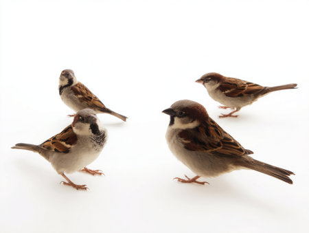 Three sparrows on a white background with space for text.の素材