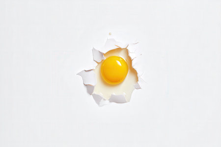 Broken egg on a white background with a hole in the paperの素材