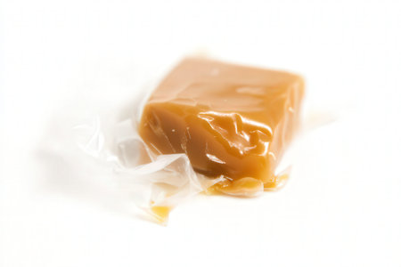 Caramel candy in a plastic bag isolated on a white background.の素材