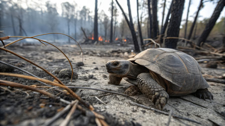 Wild tortoise on the beach in the forest during the fire.の素材