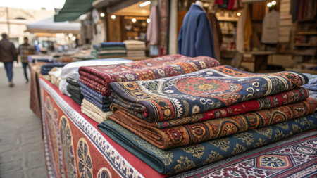Traditional turkish carpets on a market stall in Istanbul, Turkeyの素材