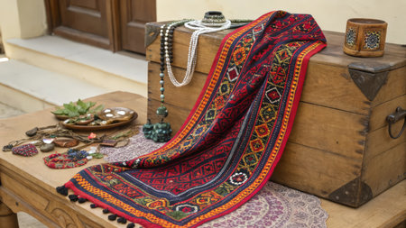 Traditional handmade Turkish hand-woven carpet with embroidery.の素材