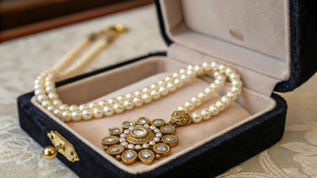 jewelry in a box with pearls on the table.の素材