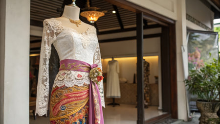 Wedding dress hanging in a shop for bride and groom.の素材
