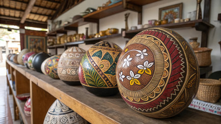 Colorful painted wooden easter eggs on a shelf in a shopの素材