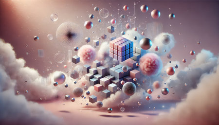 Abstract background image with 3D cubes and spheres. 3D renderingの素材