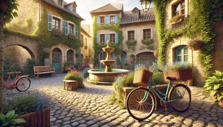 Beautiful old house with a fountain and a bicycle. 3D renderingの素材