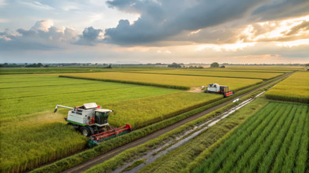 Combine harvester working on a rice field in the countrysideの素材