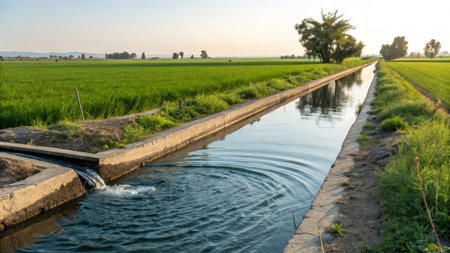 Water canal in a rice field in the countryside in the morning.の素材
