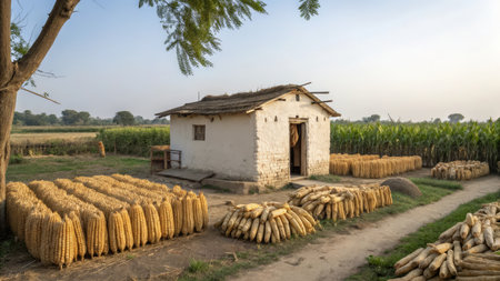 Corn field in the countryside of India. Corn field is being harvested.の素材