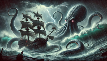 Pirate ship and octopus in the sea with stormy cloudsの素材