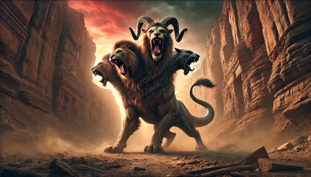 Fantasy scene with two angry lions. 3d render illustration.の素材