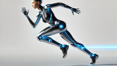 3D rendering of a female robot isolated on white background with blue lightsの素材