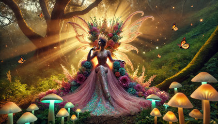 Fantasy fairy in the forest. Fairy tale. 3D renderingの素材