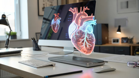 Laptop with human heart on screen at table in office, closeupの素材
