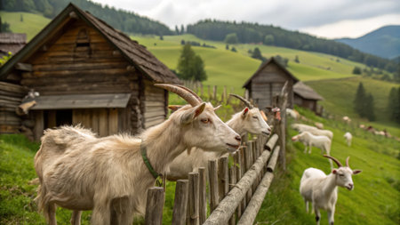 Goats on the farm in the Carpathian Mountains, Ukraineの素材