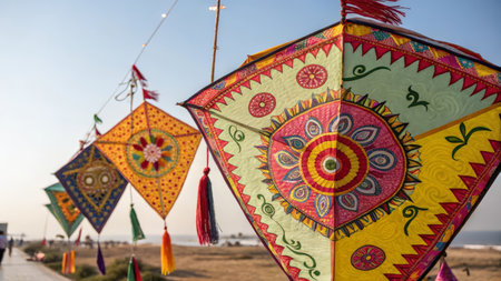 Colorful kites on the beach in the evening, close upの素材
