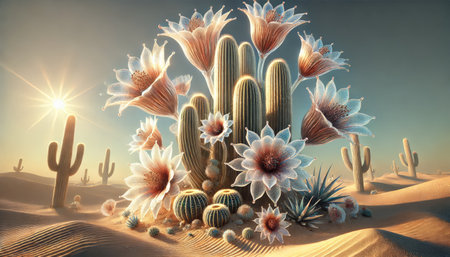 Desert landscape with cactuses and flowers. 3d renderの素材