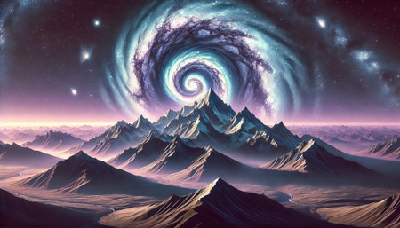 Fantasy alien planet. Mountain and sky. 3D Renderingの素材