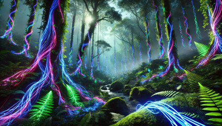 Fantasy forest with glowing neon lights. 3D Rendering.の素材
