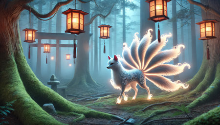 Fantasy scene with a white dog and lanterns in the forestの素材