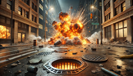 Burning gas manhole in a city at night. 3d renderingの素材